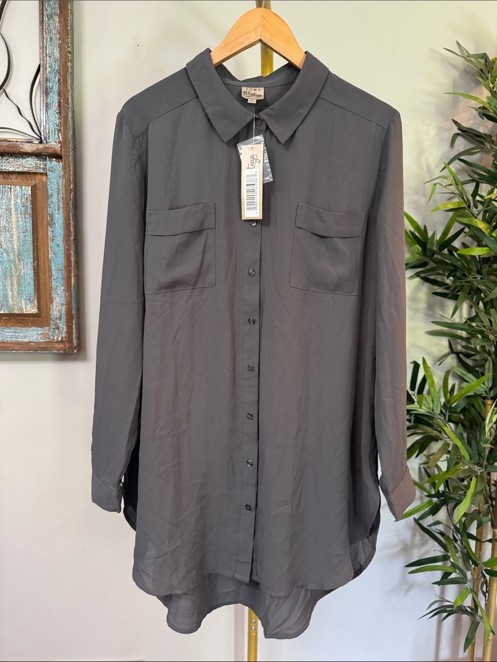 Como Vintage charcoal gray button-up polyester tunic blouse NWT L